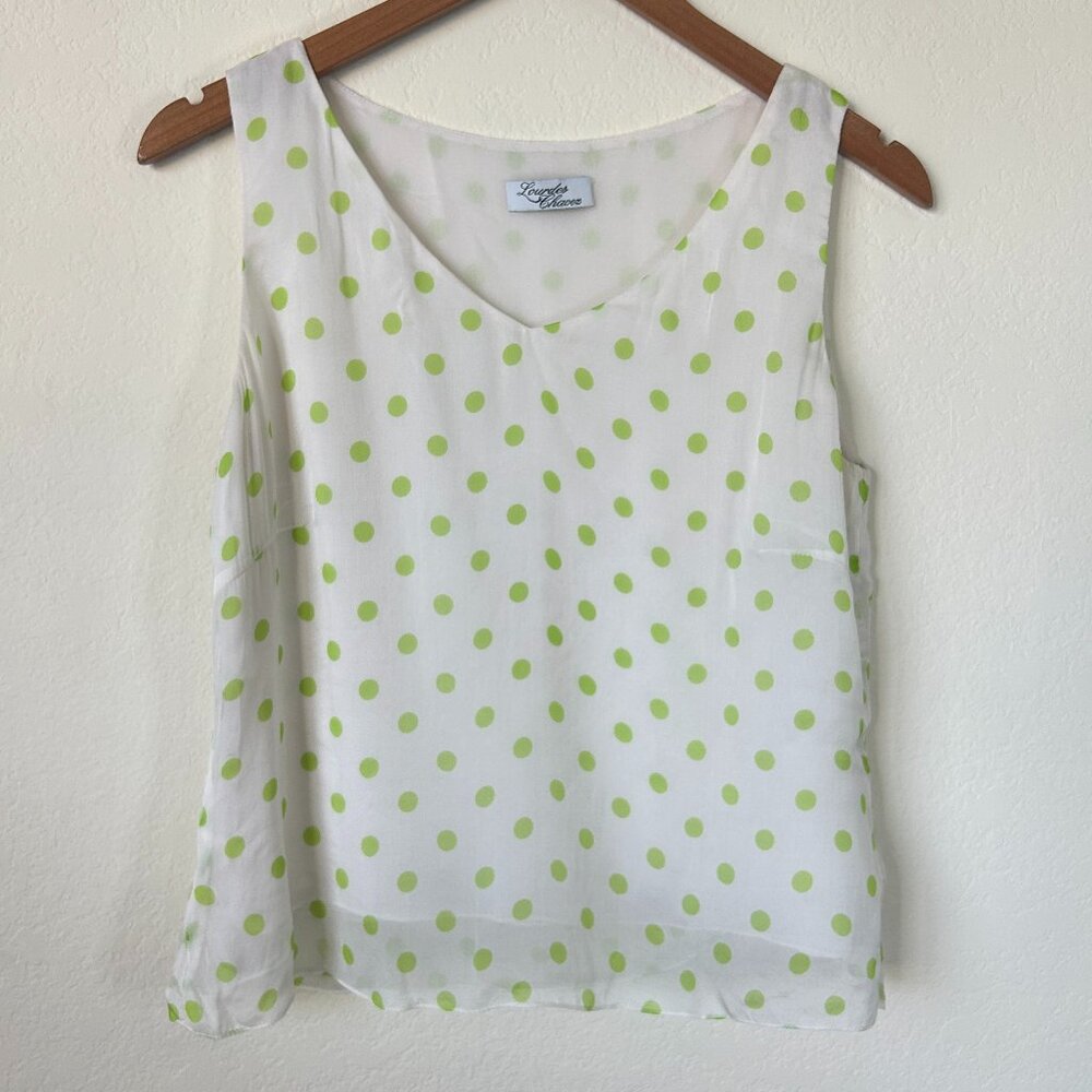 Lourdes Chavez Top Womens 10 White Green Polka Dot Sleeveless Silk Blouse Tank
